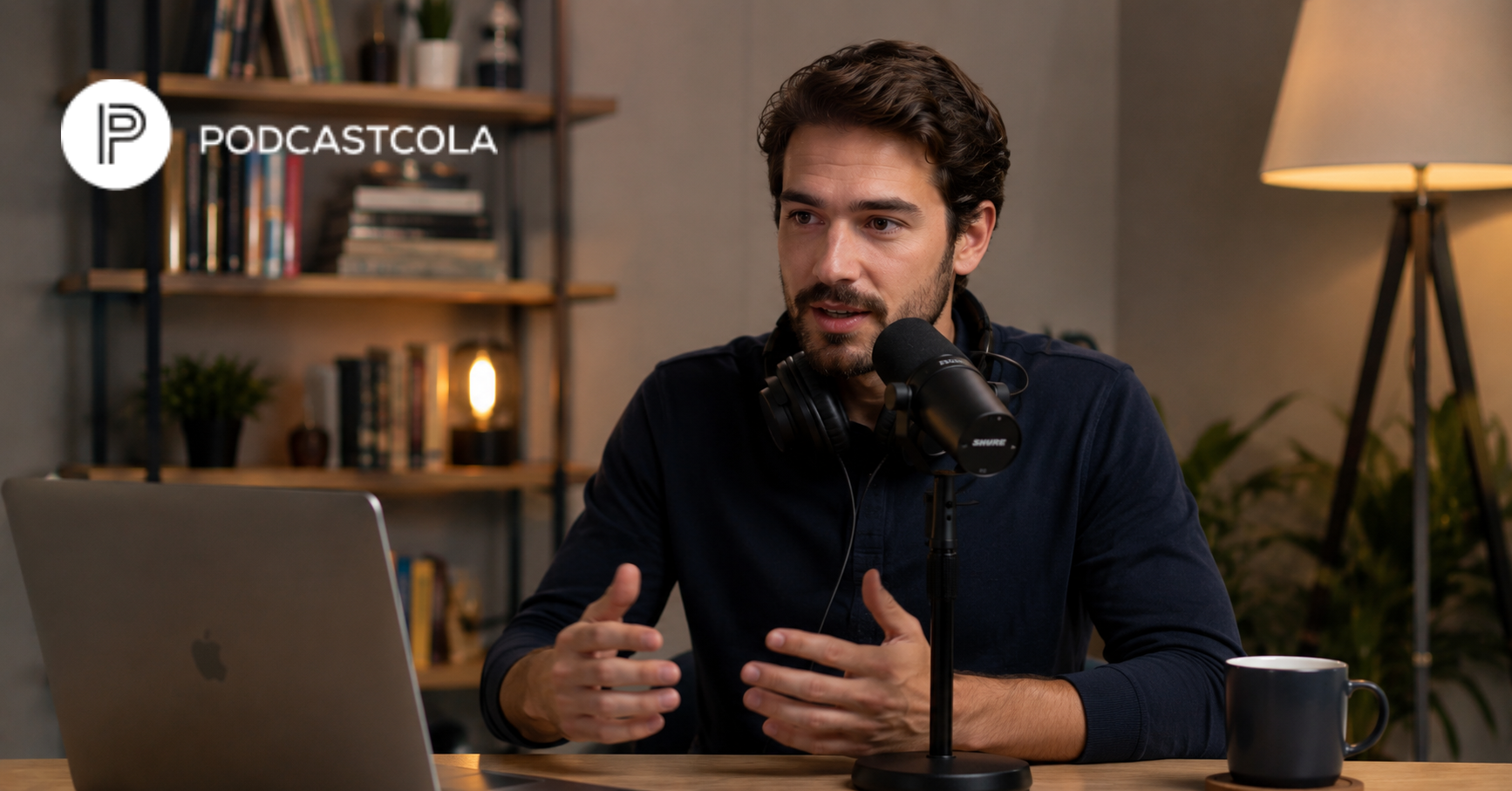 Podcast guest speaking into a studio microphone with a laptop and bookshelf.