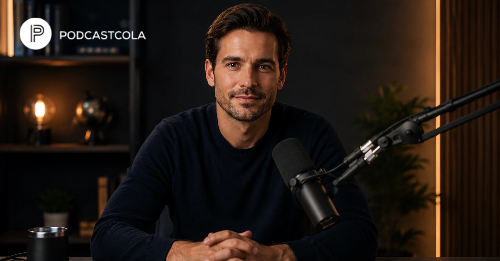A professional man hosting a podcast with a microphone in a dark studio.