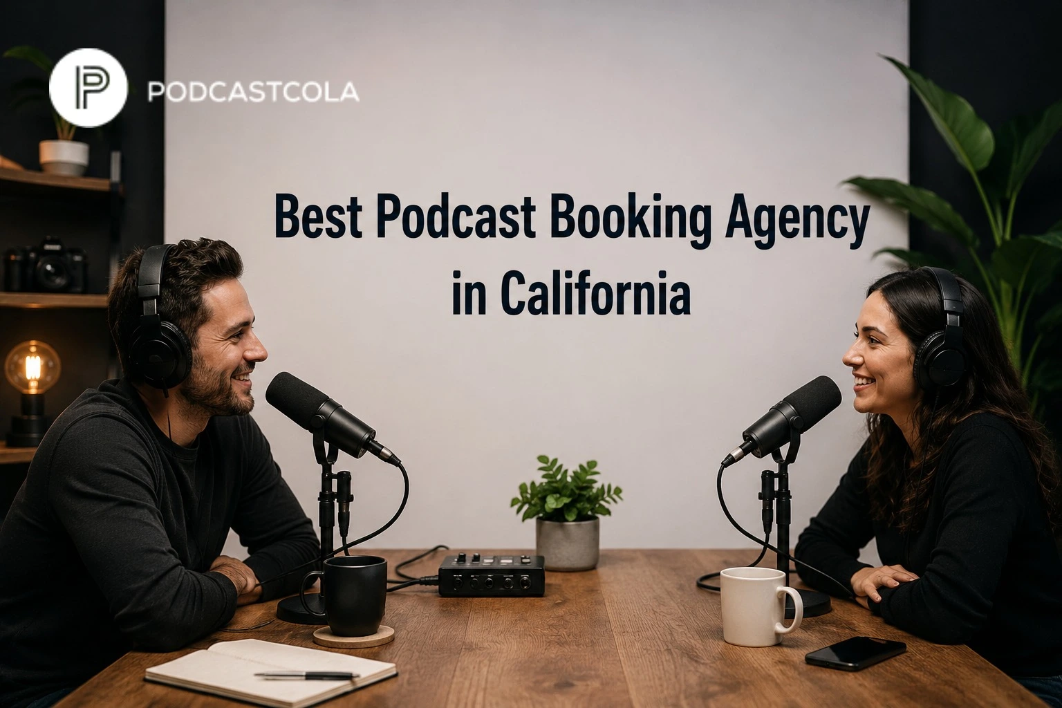 Two people recording a podcast with text reading Best Podcast Booking Agency in California.