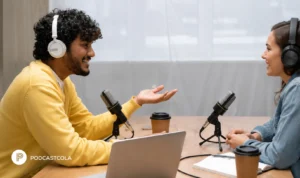 Host and guest in a studio discussing the question: Do podcast guests get paid?